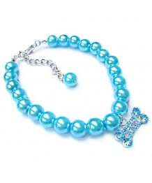 Dog collar in rhinestone bone beads - blue