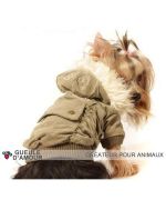 Original brown velor coat for dog with pocket on the back and removable hood at Gueule d'Amour online store france