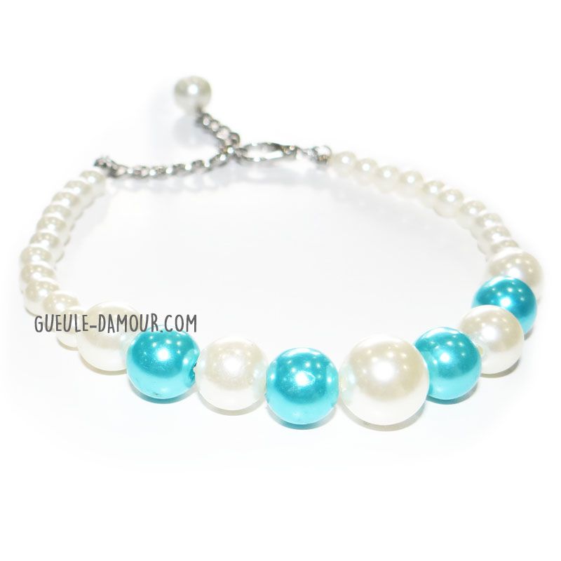 dog collar in white and blue pearls delivery Marseille Paris Cannes Nices Montpellier Nantes Strasbourg Nancy