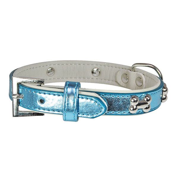 collar de perro azul nacarado pequeños huesos plateados