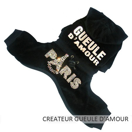 Jogging pour chien noir avec strass en velour pas cher sur boutique en ligne livraison nouvelle caledonie, polynesie francaise..