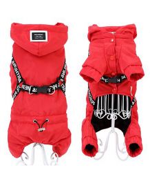 Waterproof dog suit with integrated harness - red