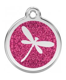 Medal to engrave for dog and cat with glitter - dragonfly pink