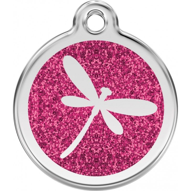 Medal engraved with sequins libelule for dogs and cats pink